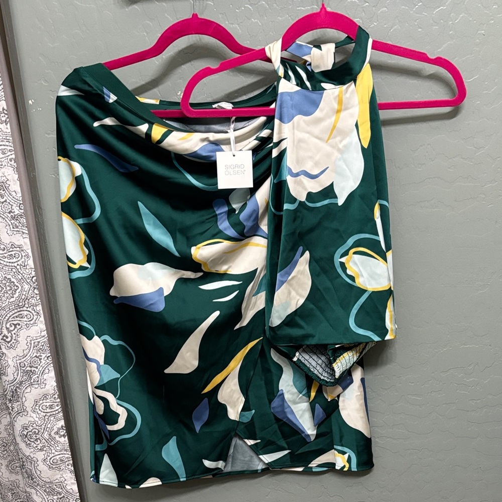Sigrid Olsen Dark Green Floral Halter Top with Cream and Blue Accents